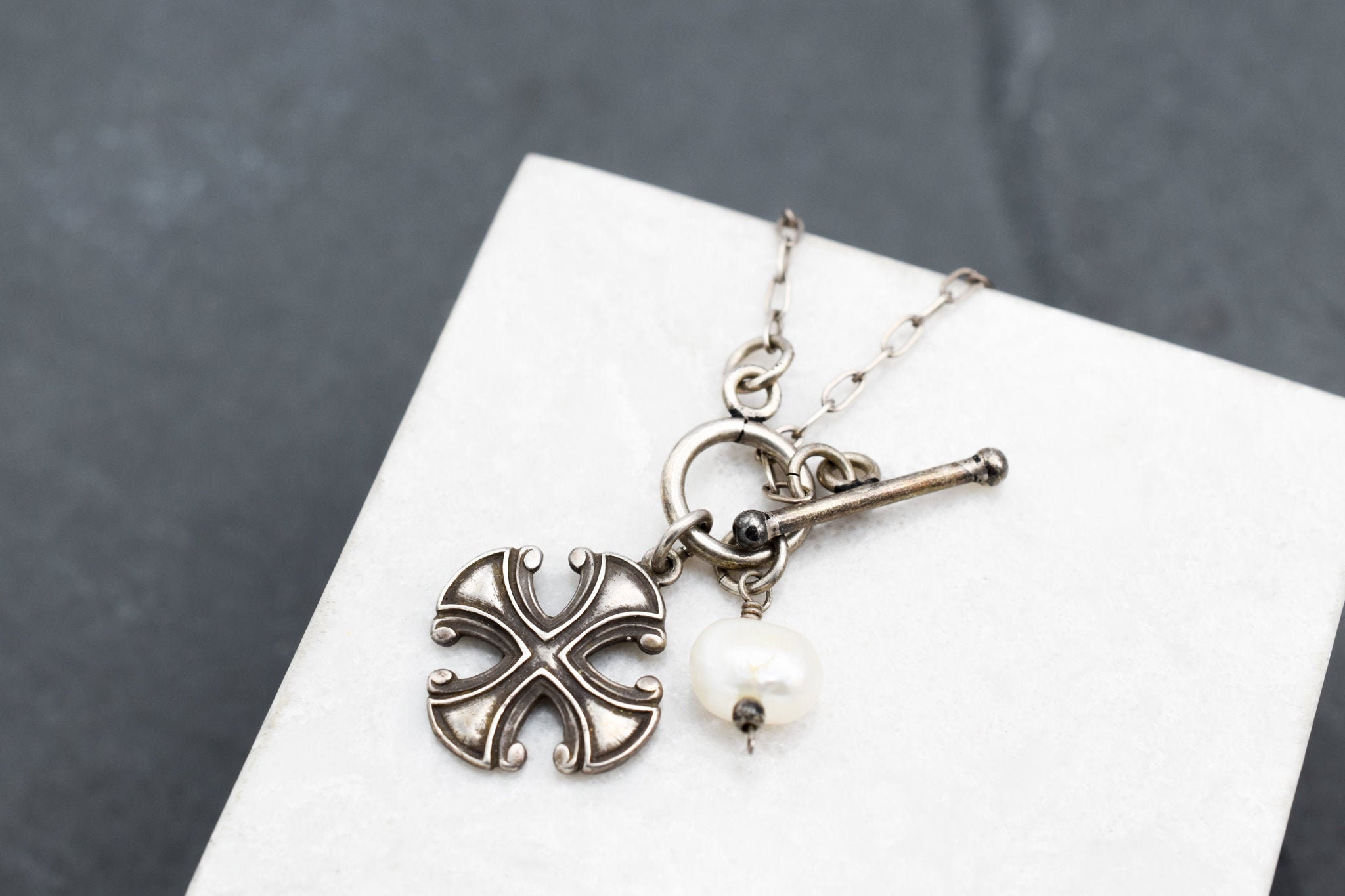 Sterling Silver Maltese Cross Necklace With Pearl, Sterling