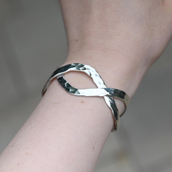 Sterling Silver Hammered Mexican Cuff Bracelet, Modernist Sterling Cuff, Hammered Sterling Bracelet, Sterling Artisan Jewelry View 3