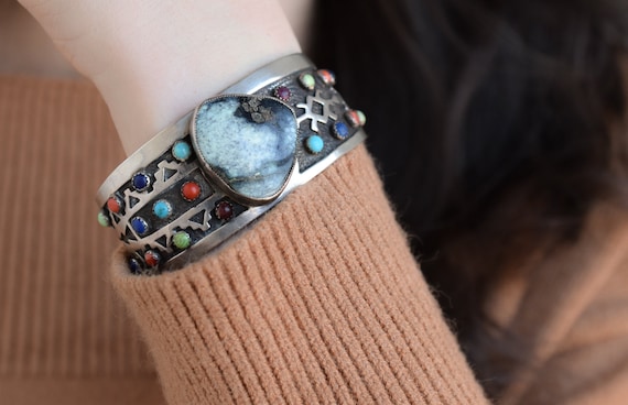 Rare Stepping Stone Turquoise Vintage Native American Navajo Sterling Silver Bracelet Old Cuff Rare Stepping Stone Turquoise Vintage Native American Navajo Sterling Silver Bracelet Old Cuff
