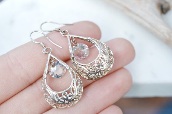 Sterling Silver Dangle Filigree CZ Earrings, Ster… - image 2