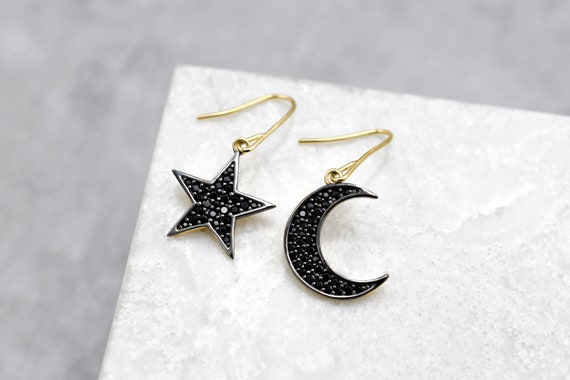 Sterling Silver Gold Overlay Star and Moon Pave E… - image 1