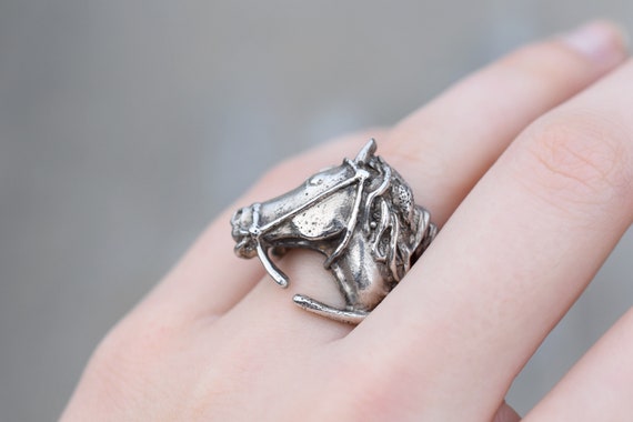 Sterling Silver Heavy Figural Horse Head Ring, Co… - image 1