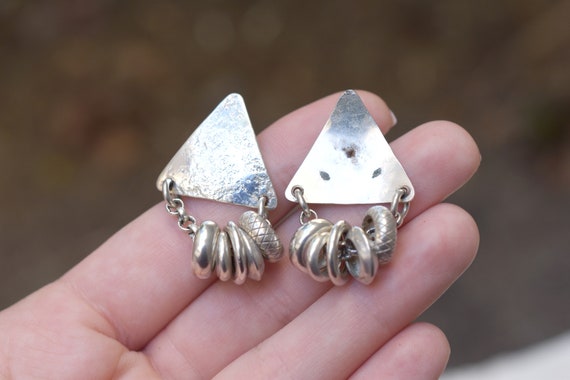 Sterling Silver Textured Triangle Dangle Earrings… - image 2