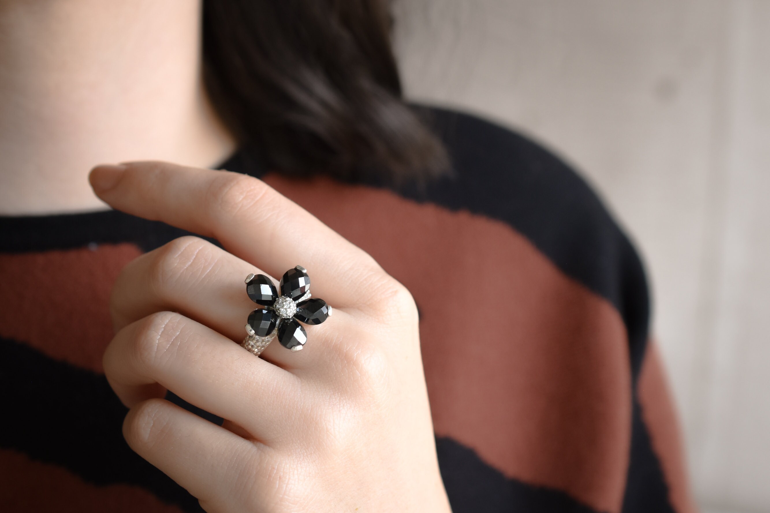 Sterling Designer THOMAS SABO Black CZ Flower Statement Ring