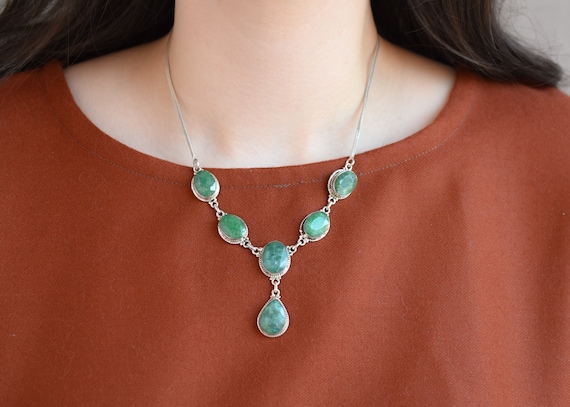 Sterling Silver Dyed Green Emerald Statement Neck… - image 1