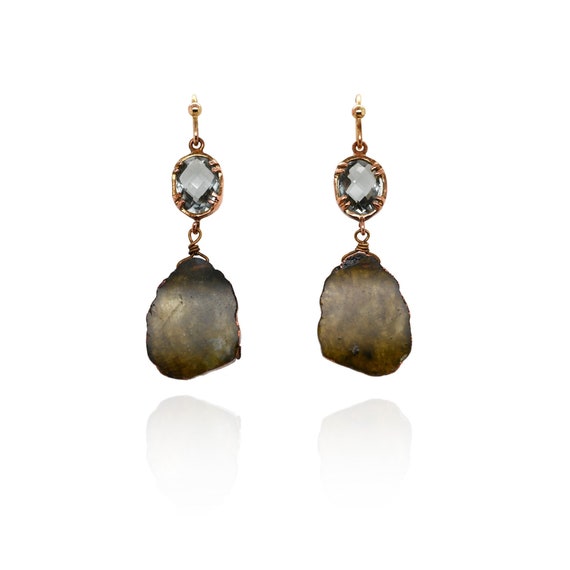 Copper Labradorite Slice Dangle Earrings, Labrado… - image 1