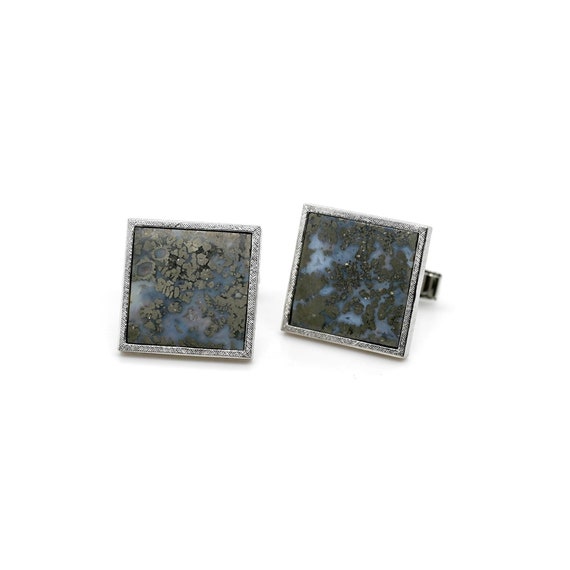 Sterling Silver Pyrite Agate Square Gemstone Cufflinks, 925 Gemstone Cufflinks, Mid Century Cufflinks, Pyrite Cufflinks, Agate Cufflinks