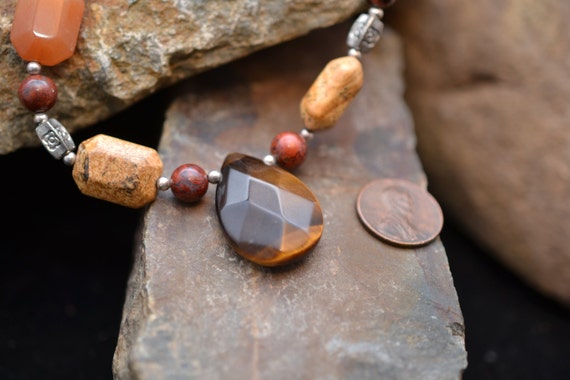 Chunky Tigers Eye Beaded Necklace With Sterling S… - image 5