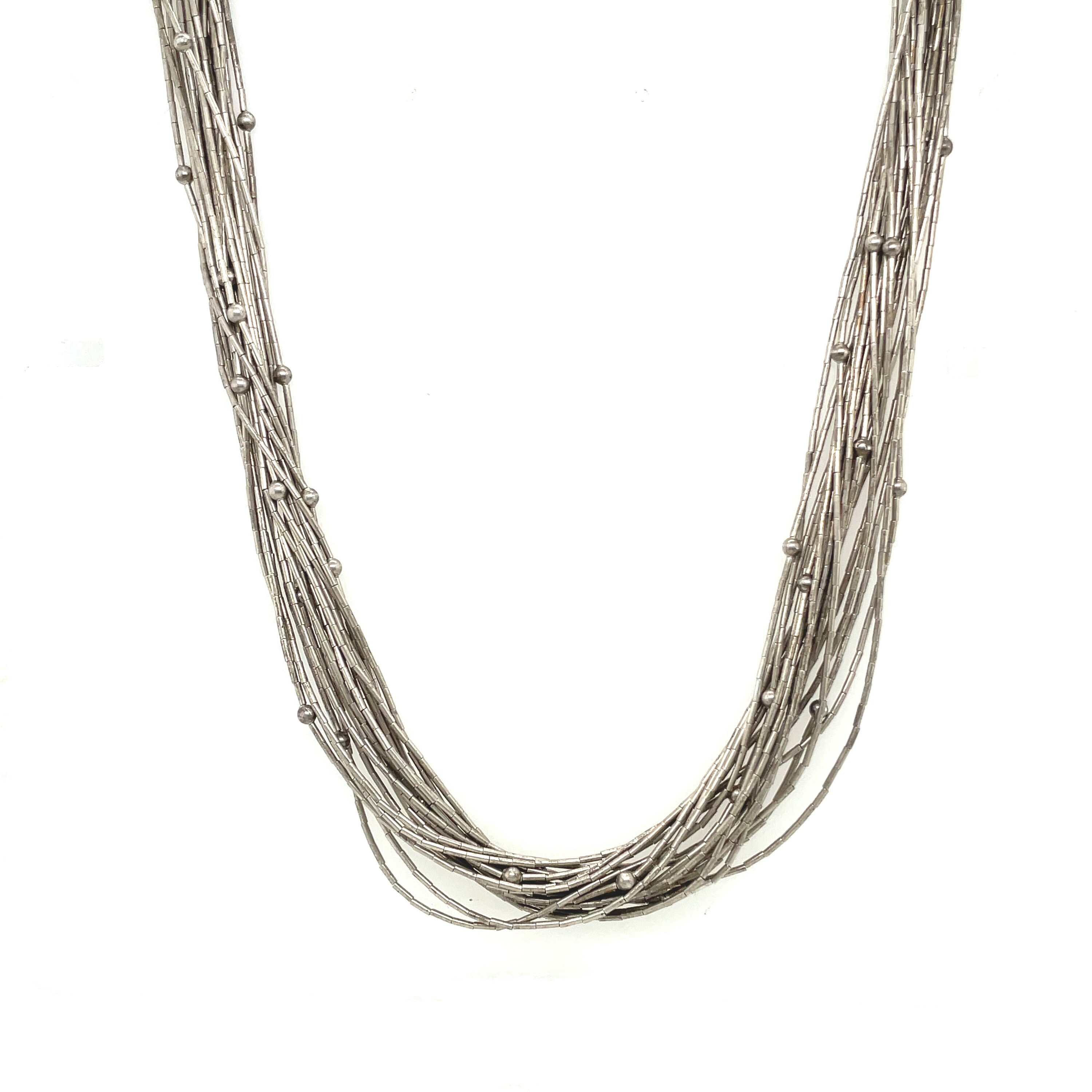 20 Strand Sterling Liquid Silver Necklace, Silver Tube Bead Necklace, Navajo Necklace, Southwestern Sterling Silver Bead Necklace 20 Strand Sterling Liquid Silver Necklace, Silver Tube Bead Necklace, Navajo Necklace, Southwestern Sterling Silver Bead Necklace