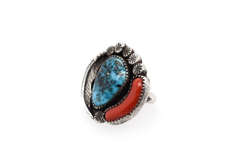 Large Sterling Silver Native American Turquoise and Coral Ring ...