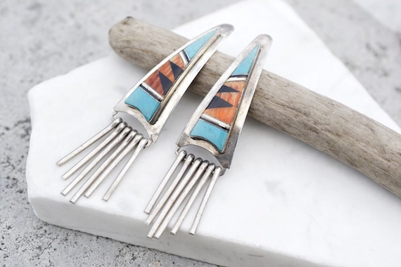 Large Sterling Silver Turquoise Inlay Earrings, Native American
