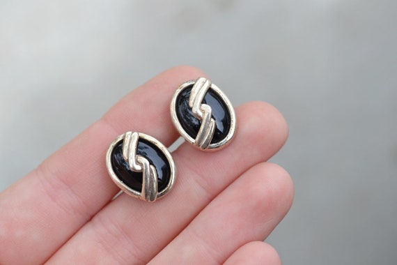 Sterling Silver Oval Onyx Stud Earrings, Sterling… - image 1