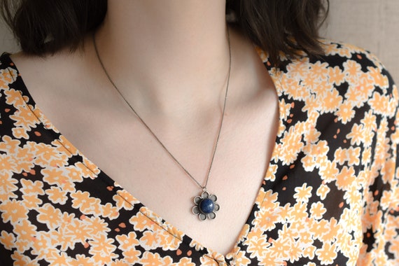 Sterling Silver Boho Lapis Flower Necklace, Lapis… - image 3