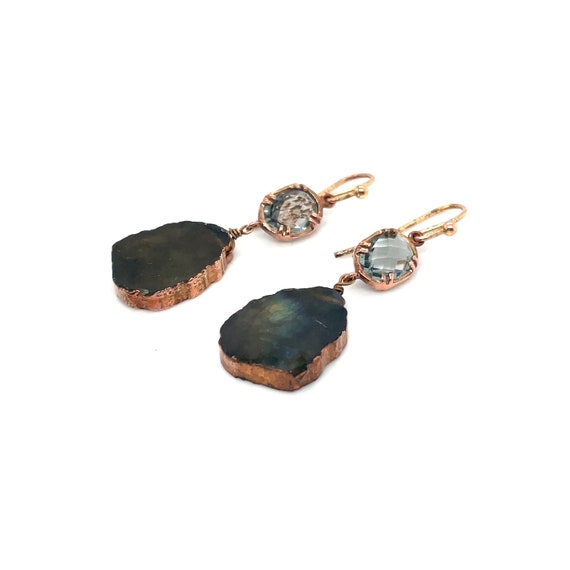 Copper Labradorite Slice Dangle Earrings, Labrado… - image 2