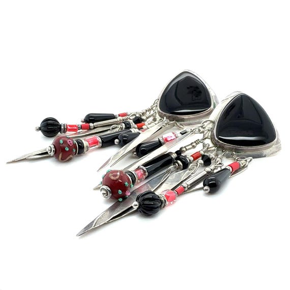 Studio Signed TABRA Designer Beaded Onyx Dangle E… - image 5