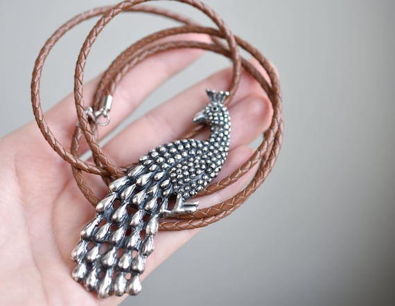 Large Sterling Silver Peacock Pendant on a Leather Co… - Gem Large Sterling Silver Peacock Pendant on a Leather Co… - Gem