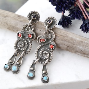 Matl Style Sterling Silver Mexico Dangle Earrings, Turquoise and Coral Earrings, Dangle Taxco Earrings, Turquoise Taxco Dangle Earrings image 1