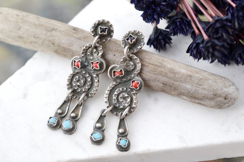 Matl Style Sterling Silver Mexico Dangle Earrings, Turquoise and Coral Earrings, Dangle Taxco Earrings, Turquoise Taxco Dangle Earrings image 1