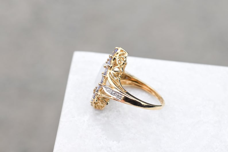 Tanzanite Cocktail Ring 10k Yellow Gold Tanzanite and White Moonstone Ring 10k Tanzanite Ring Tanzanite Jewelry Gold Moonstone Ring