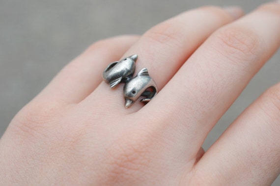 Sterling Silver Double Dolphin Ring, Sterling Dol… - image 1