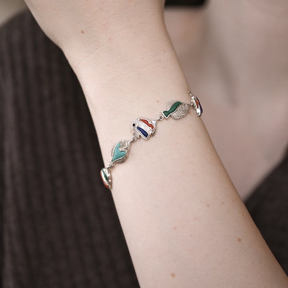 Sterling Silver Tropical Fish Gemstone Link Brace… - image 4