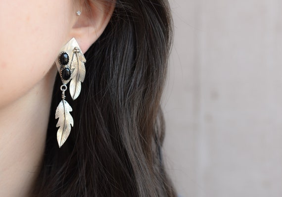 Sterling Silver Dangle Onyx Feather Earrings, Ster