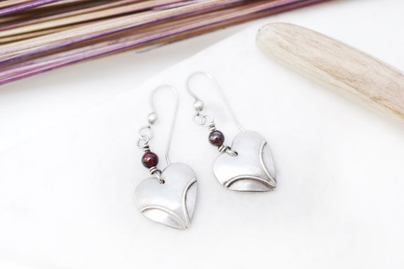 Sterling Silver Beaded Heart Dangle Earrings, Sterling Silver Heart Earrings, Artsy Sterling Heart Earrings, Boho Sterling Silver Earrings