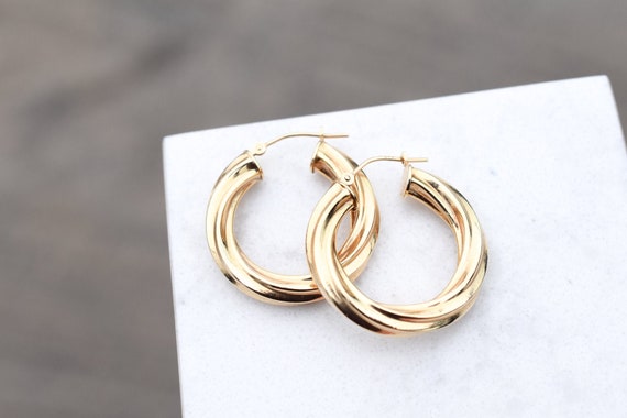 14k Yellow Gold Twisted Hoop Earrings, Yellow Gold