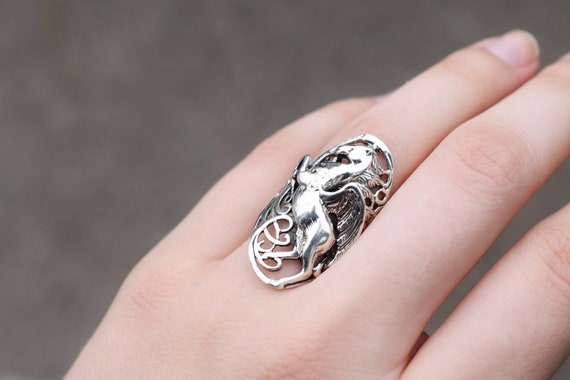 Long Sterling Silver Pegasus Ring, Sterling Pegas… - image 1