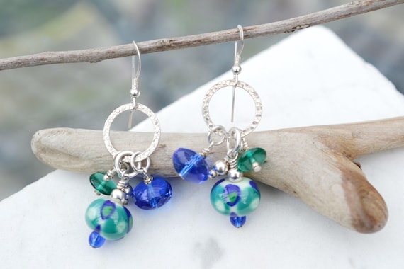 Sterling Silver Dangle Art Glass Beaded Earrings,… - image 1