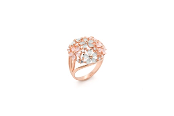 Sterling Rose Gold Overlay Gemstone Flower Ring, … - image 1