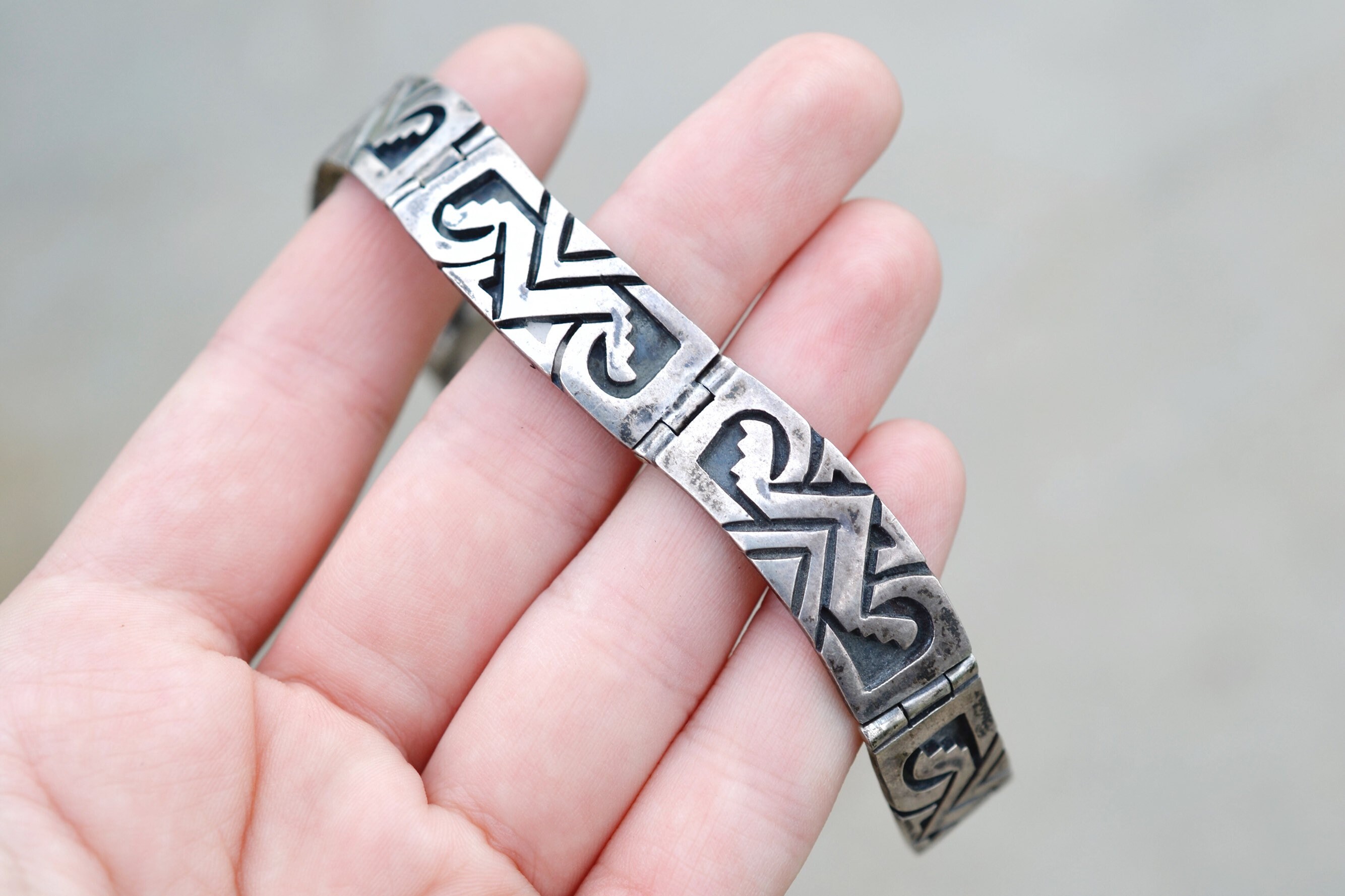 Sterling Silver Tribal Link Bracelet, Aztec Sterling Silver