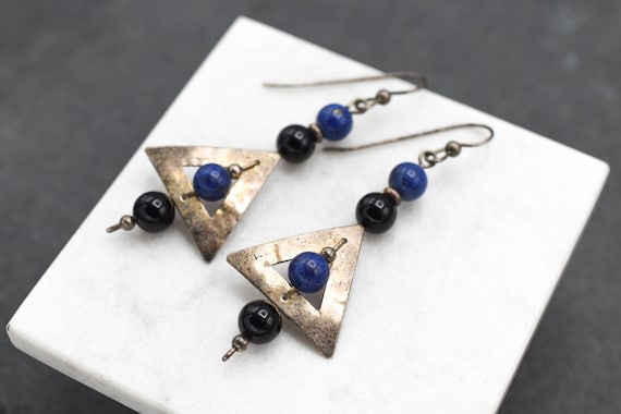 Sterling Silver Artisan Onyx and Lapis Bead Dangle Earrings, Sterling Beaded Earrings, Sterling Artisan Jewelry, Artisan Onyx Earrings