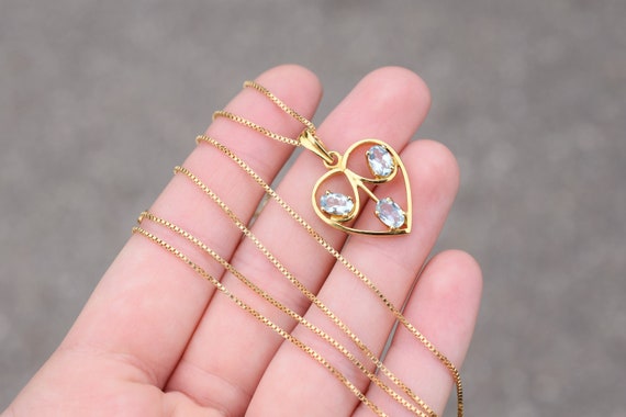 18k Solid Yellow Gold Aquamarine Heart Necklace, Y