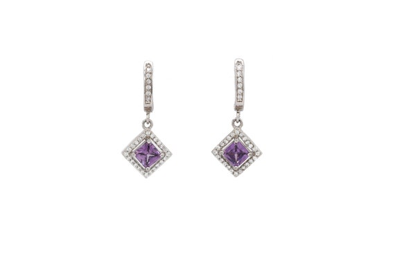 Sterling Silver and Purple CZ Halo Dangle Earrings, Sterling Purple CZ Dangle Earrings, Princess Cut Dangle Earrings, Purple Earrings