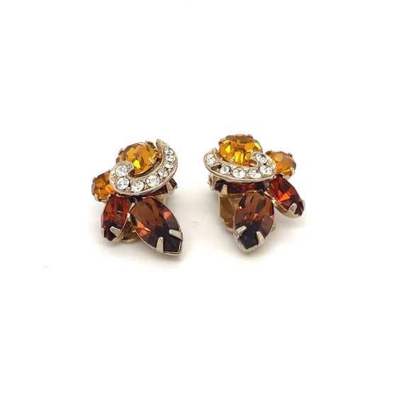 Vintage Amber Rhinestone WEISS Clip On Cluster Ea… - image 3