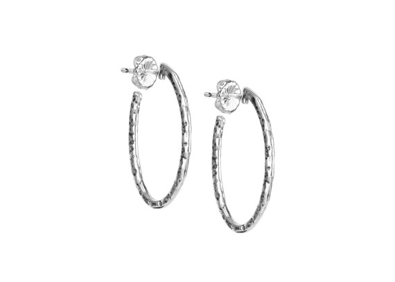 Sterling Silver Oval Hammered Hoop Earrings, Text… - image 1