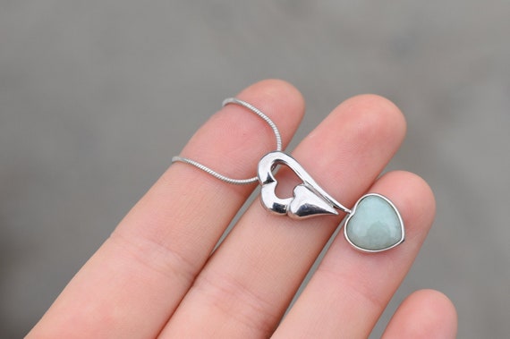 Sterling Silver Open Heart Jade Necklace, Sterling Jade Jewelry, Simple Silver Heart Shaped Necklace, Open Heart Jewelry, Trendy Sterling