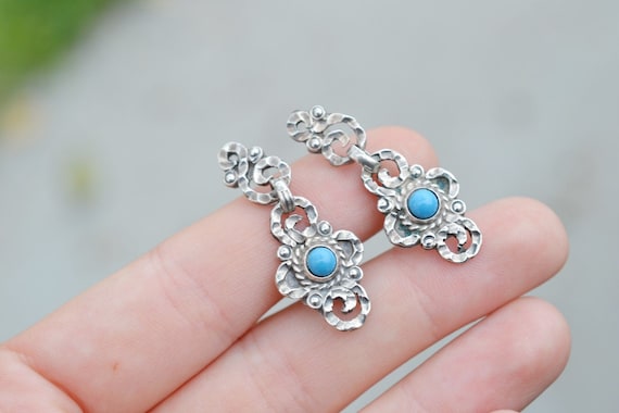 Sterling Silver Faux Turquoise Diamond Cut Dangle Earrings, Sterling Turquoise Jewelry, Sterling Silver Taxco Earrings, Mexican Earrings