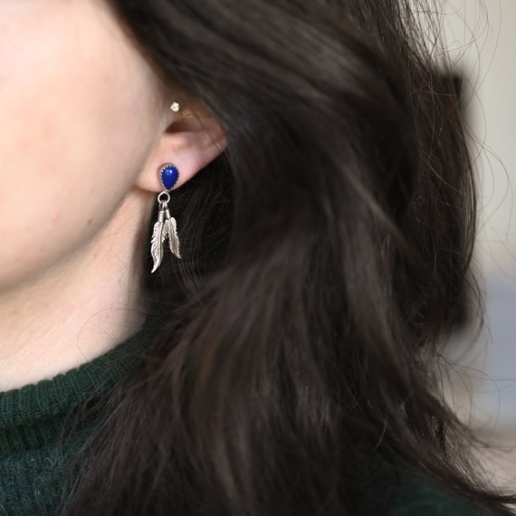 Sterling Silver Lapis Dangle Feather Earrings, Na… - image 3