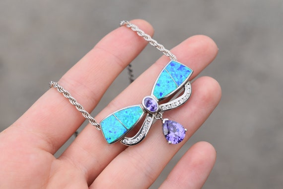 Sterling Silver and Synthetic Opal CZ Necklace, S… - image 3