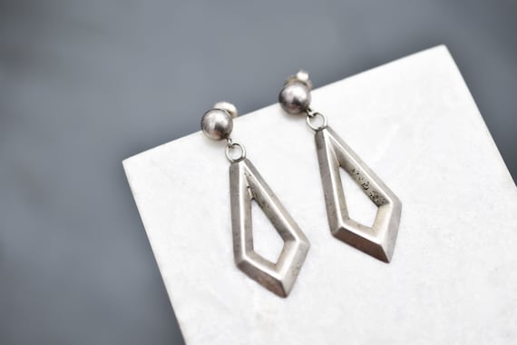 Heavy Solid Sterling Silver Diamond Geometric Earrings