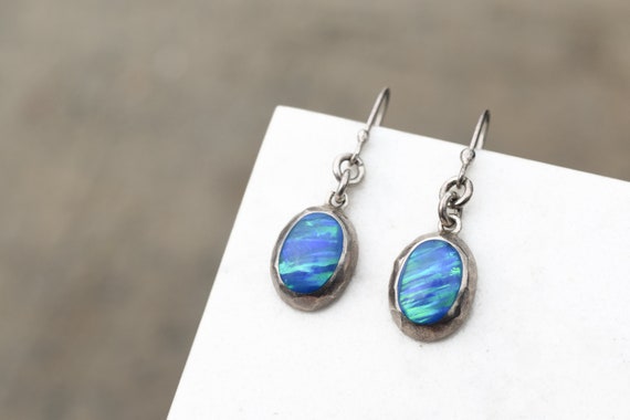 Sterling Silver Oval Opal Dangle Earrings, Opal Earrings, Sterling Opal Jewelry, Simple Opal Earrings, Sterling Opal Dangle Earrings