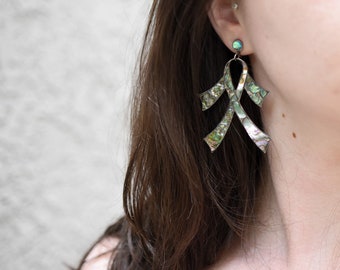 Large Sterling Silver Abalone Inlay Dangle Earrings, Mexican Screw Back Earrings, Sterling Screw Back Dangle Earrings, Abalone Earrings