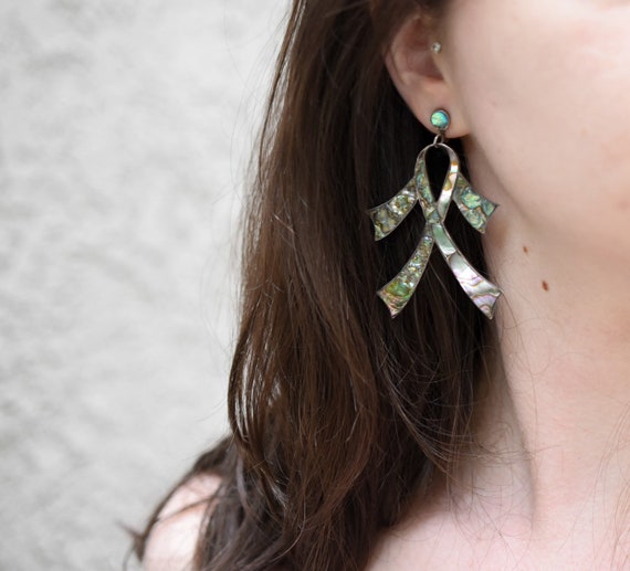 Large Sterling Silver Abalone Inlay Dangle Earrings, Mexican Screw Back Earrings, Sterling Screw Back Dangle Earrings, Abalone Earrings
