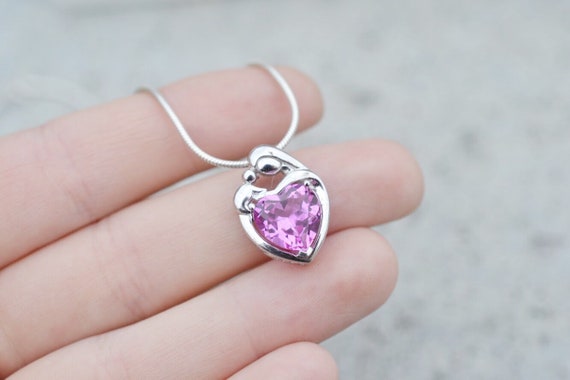 Sterling Silver Pink CZ Heart Mom Necklace, Sterl… - image 3