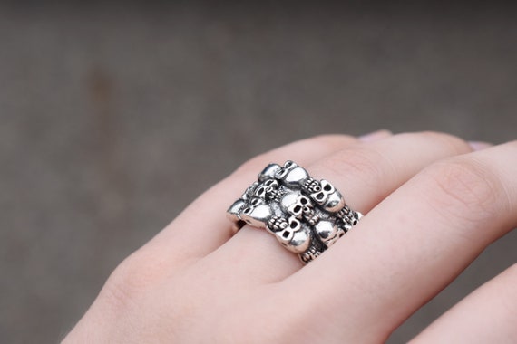 Wide Sterling Silver Skull Biker Ring, Sterling S… - image 2