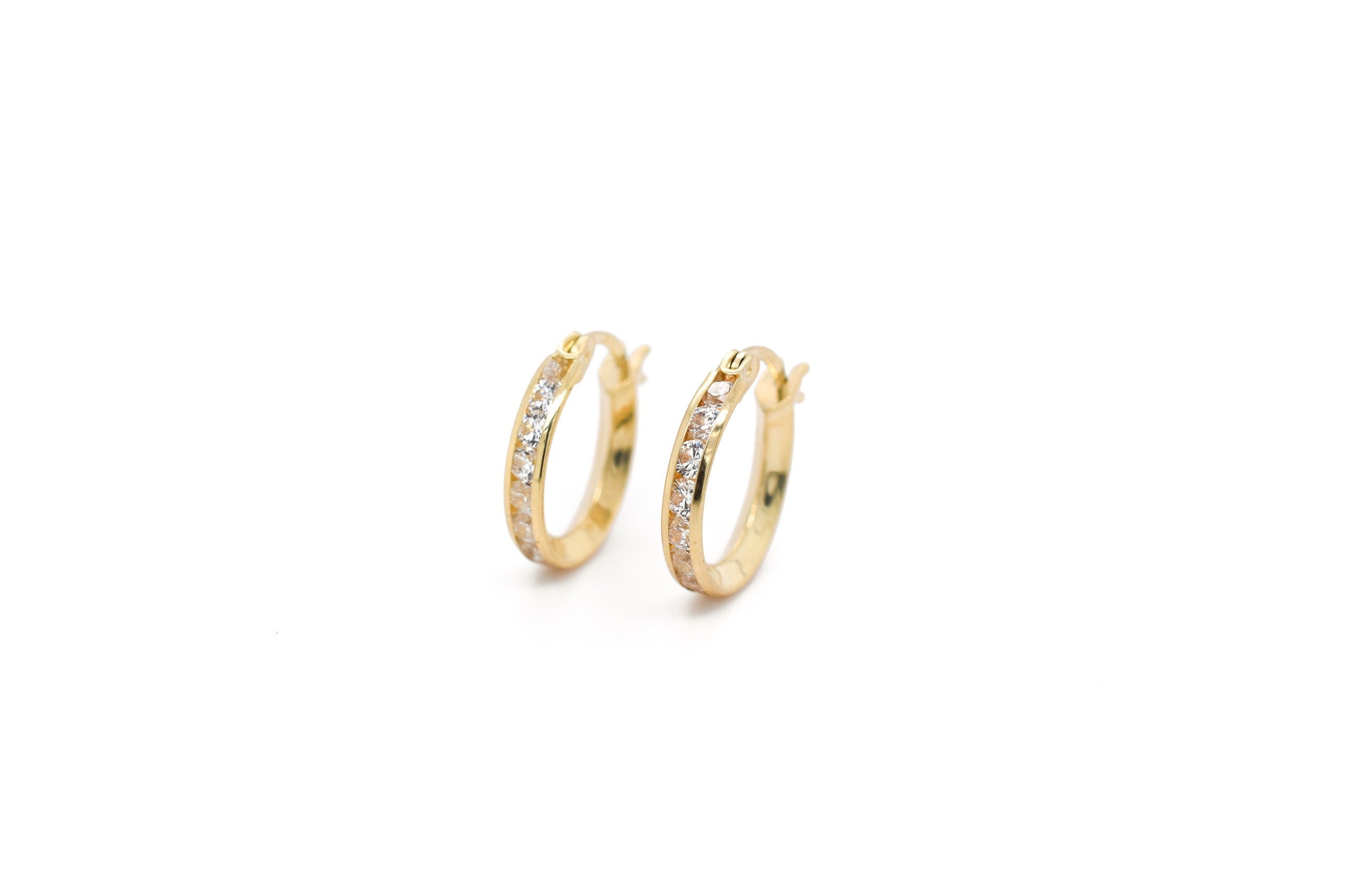 1/2 Inch 10k Yellow Gold Round CZ Hoop Earrings, CZ Hoop 1/2 Inch 10k Yellow Gold Round CZ Hoop Earrings, CZ Hoop