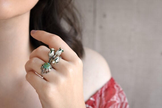 Silver Boho Turquoise Leaf Ring, Round Turquoise … - image 4