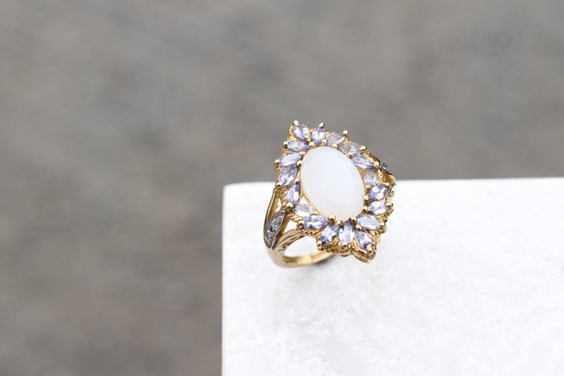 Tanzanite Cocktail Ring 10k Yellow Gold Tanzanite and White Moonstone Ring 10k Tanzanite Ring Tanzanite Jewelry Gold Moonstone Ring